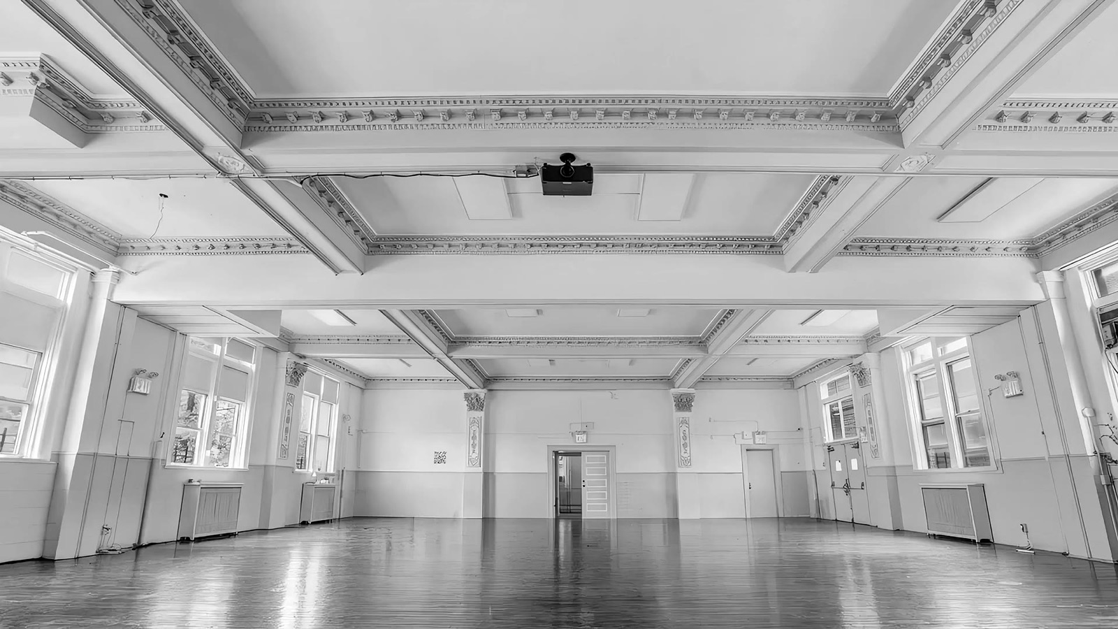 Clear span hall looking back to the doors
